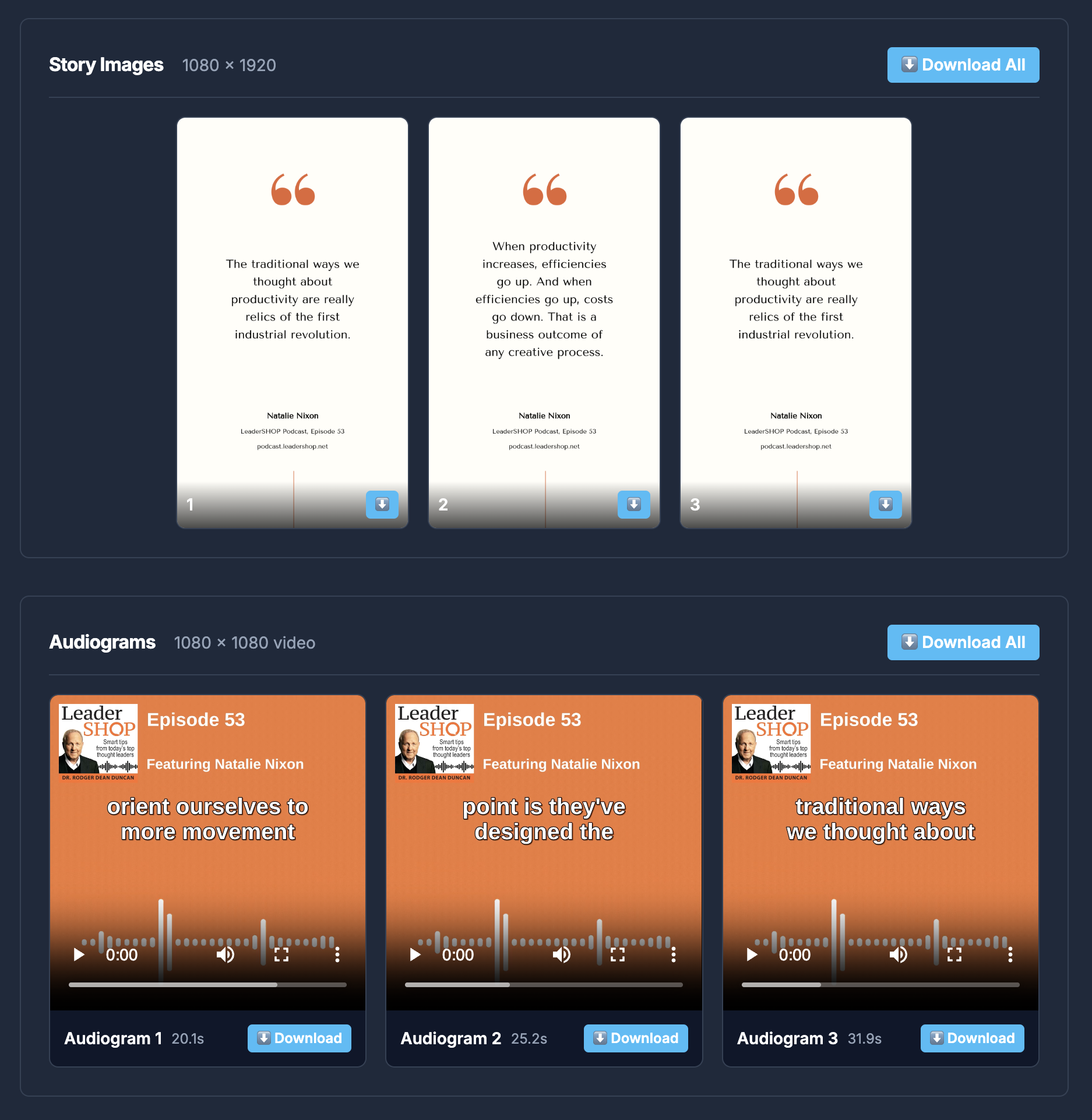 WiseSquid audiogram generation showing story images and video clips